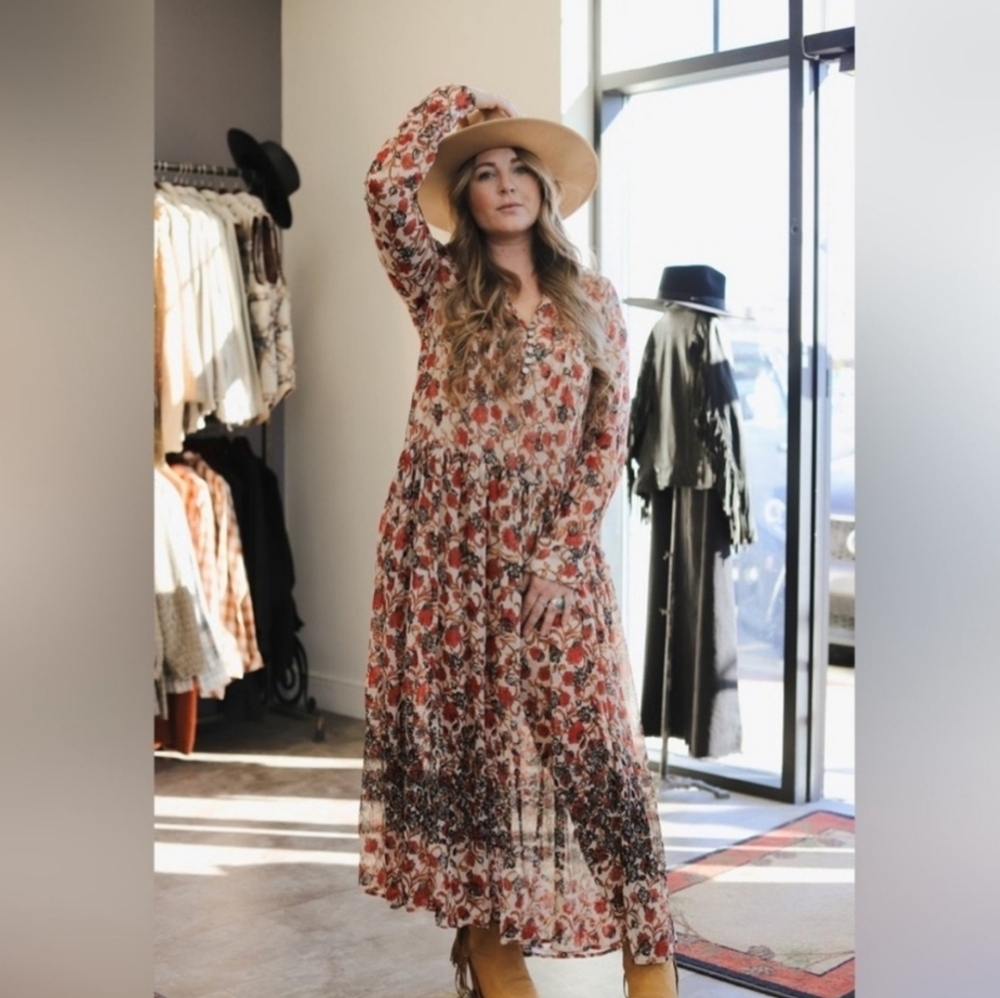 FREE PEOPLE See It Through V Neck Maxi Boho Sheer Floral Longsleeve Tea Small …